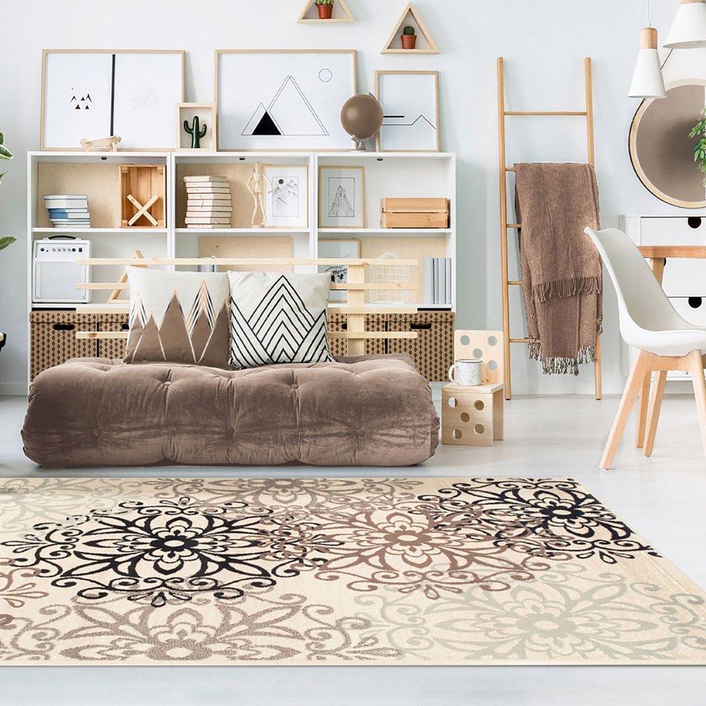 9' X 12' Beige Black And Brown Floral Medallion Area Rug