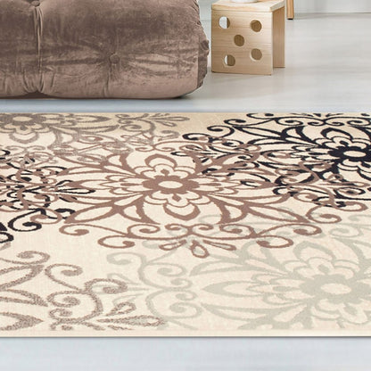 9' X 12' Beige Black And Brown Floral Medallion Area Rug