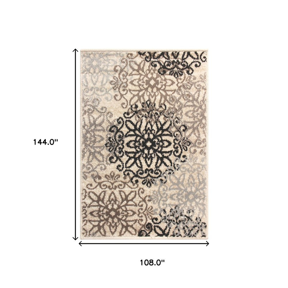 9' X 12' Beige Black And Brown Floral Medallion Area Rug
