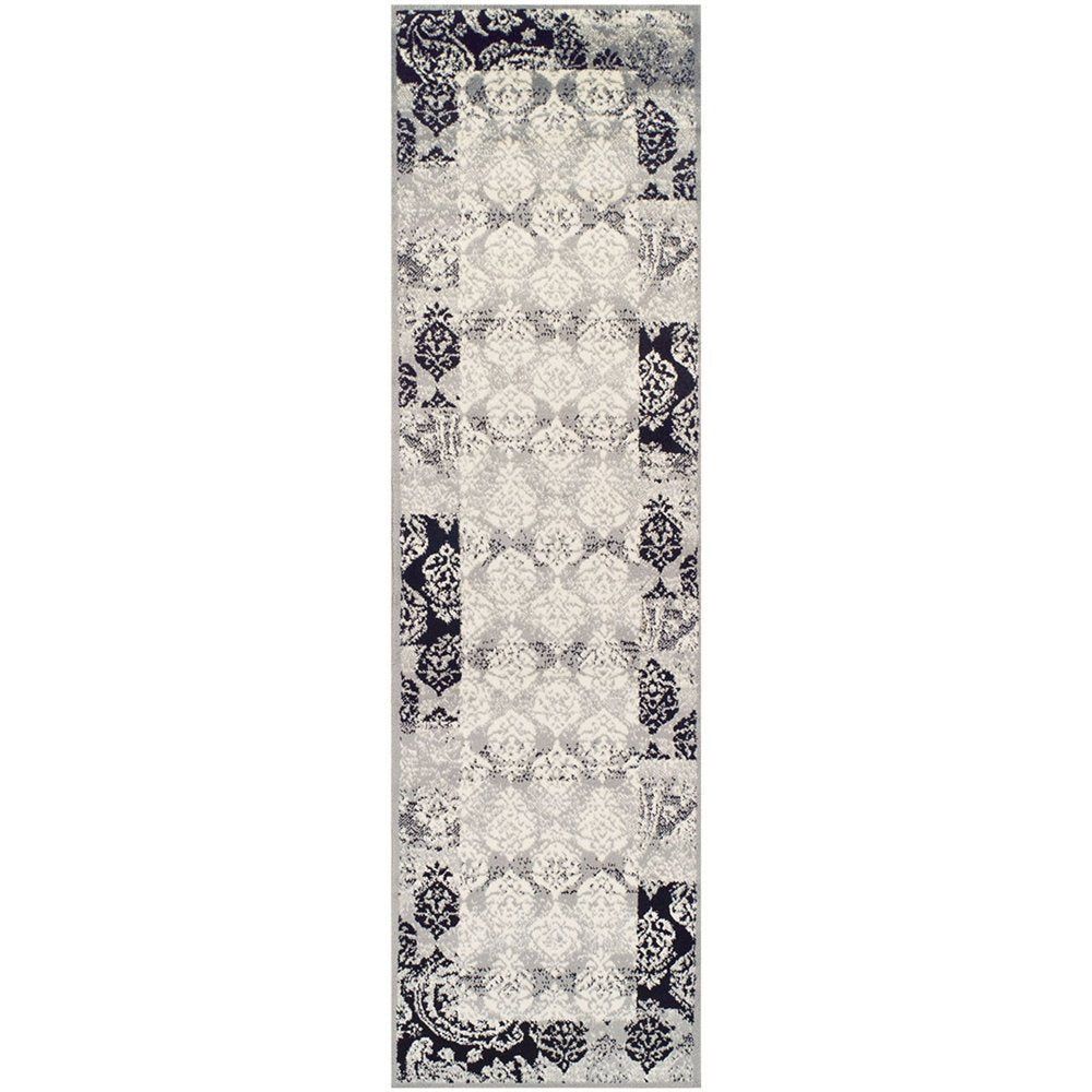 8' Black And Gray Damask Distressed Runner Rug