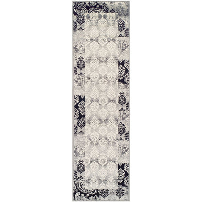 8' Black And Gray Damask Distressed Runner Rug