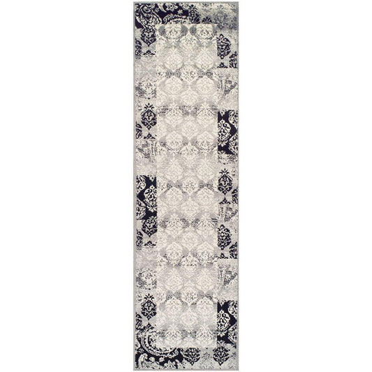 8' Black And Gray Damask Distressed Runner Rug