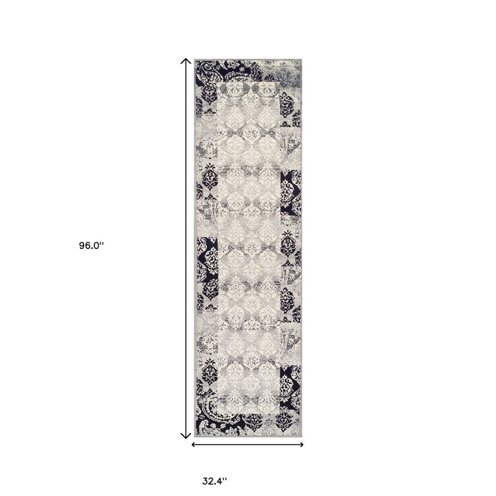 8' Black And Gray Damask Distressed Runner Rug
