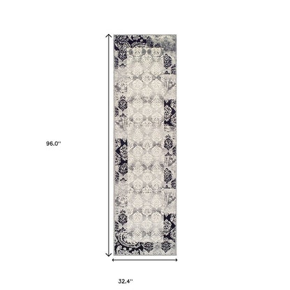 8' Black And Gray Damask Distressed Runner Rug