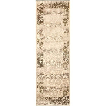 8' Beige And Brown Damask Distressed Runner Rug