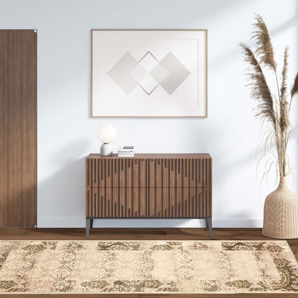 8' Beige And Brown Damask Distressed Runner Rug