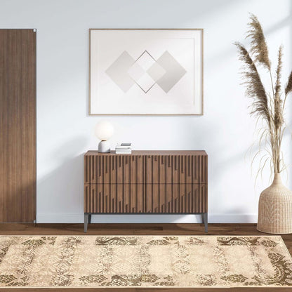 8' Beige And Brown Damask Distressed Runner Rug