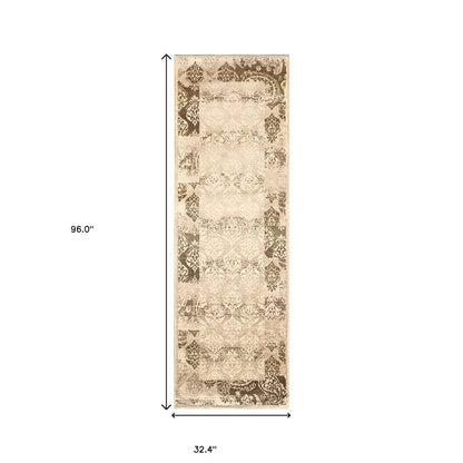 8' Beige And Brown Damask Distressed Runner Rug
