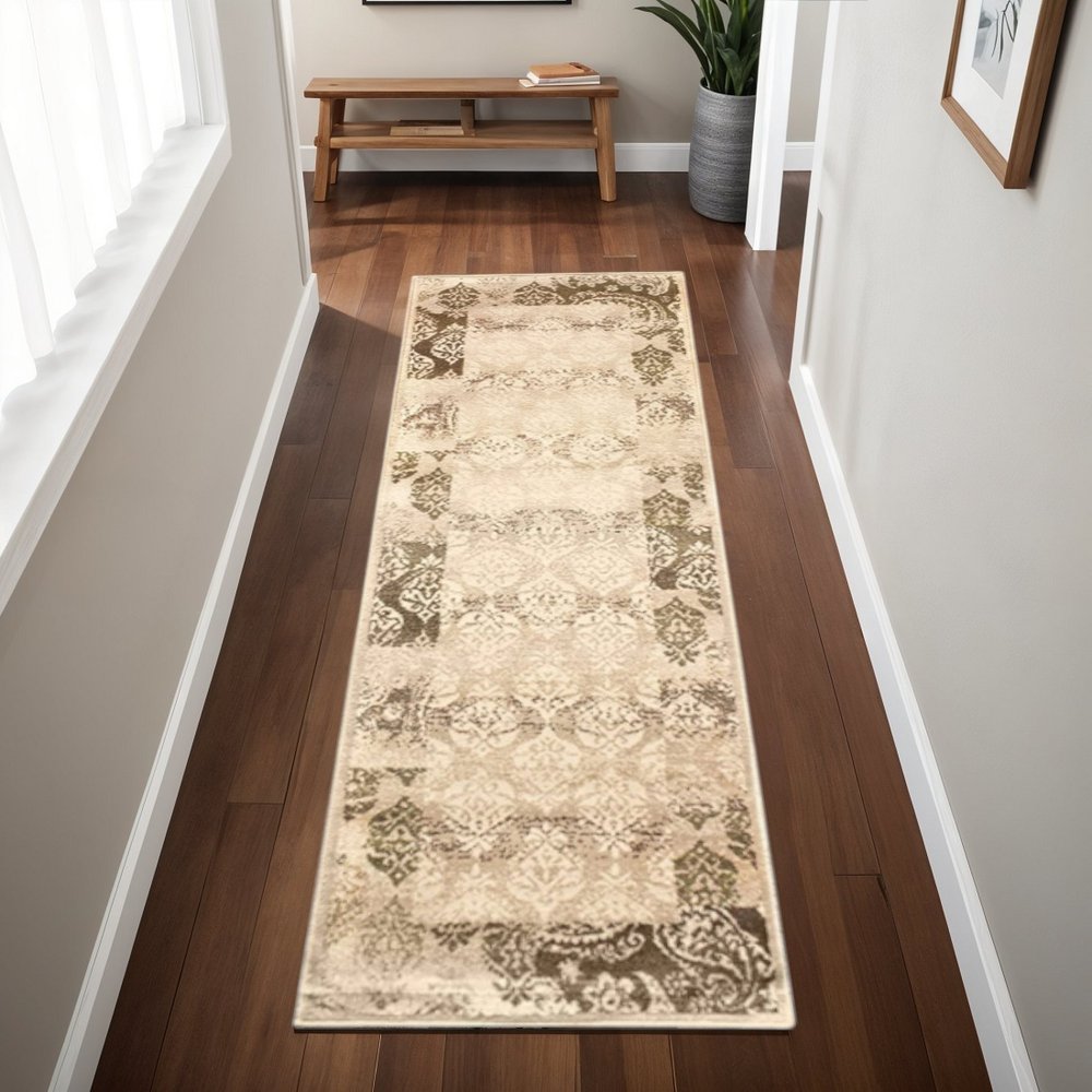 8' Beige And Brown Damask Distressed Runner Rug