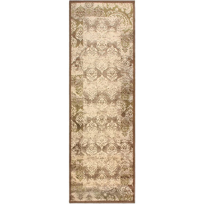 8' Beige And Brown Damask Distressed Runner Rug