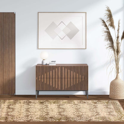 8' Beige And Brown Damask Distressed Runner Rug