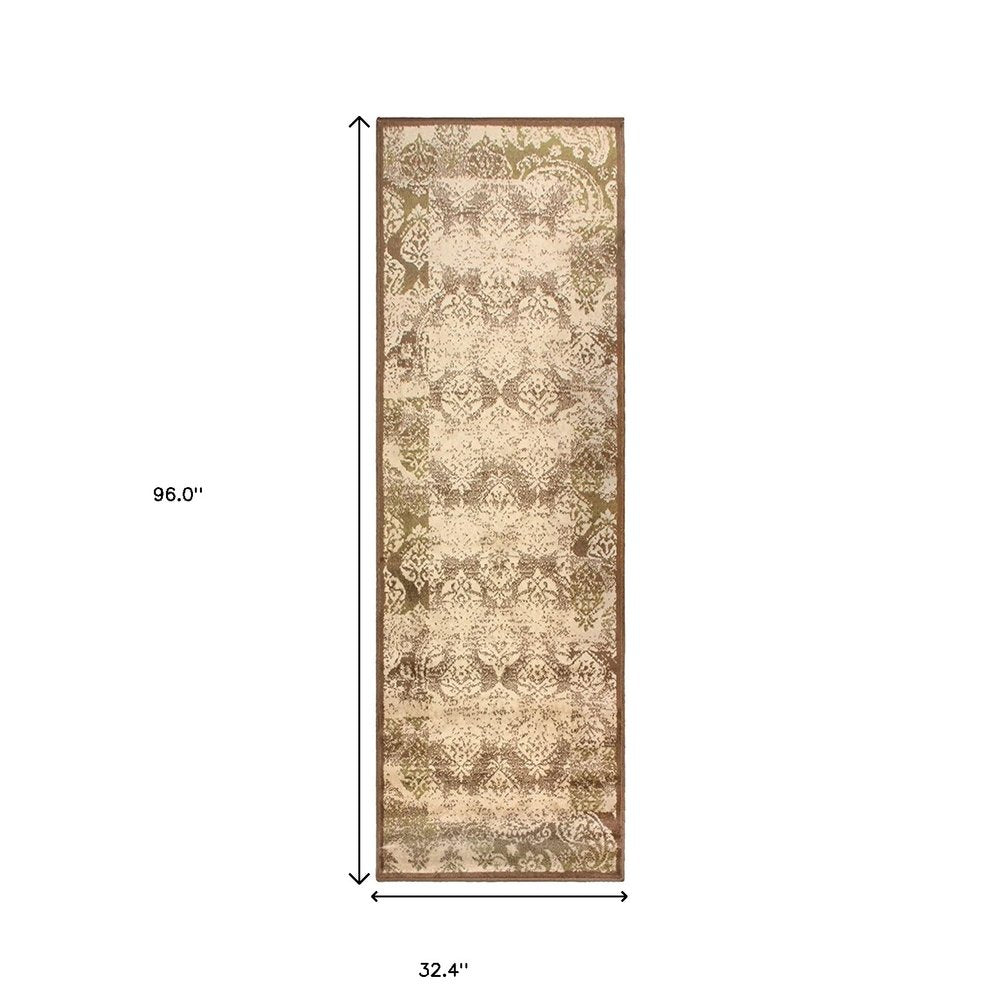 8' Beige And Brown Damask Distressed Runner Rug