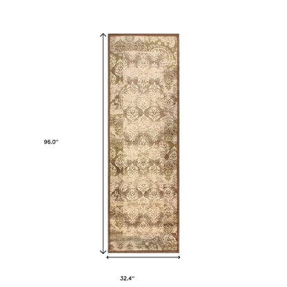 8' Beige And Brown Damask Distressed Runner Rug