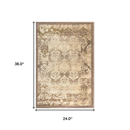 2' X 3' Beige And Brown Damask Distressed Area Rug