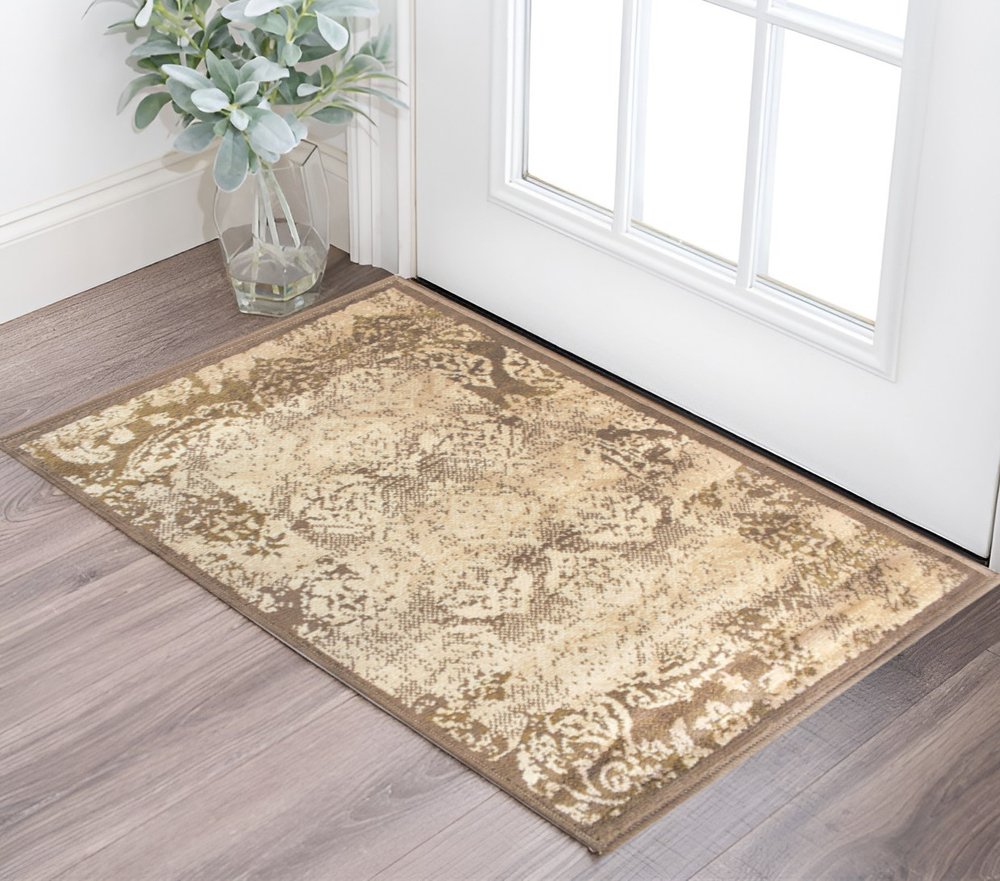 2' X 3' Beige And Brown Damask Distressed Area Rug