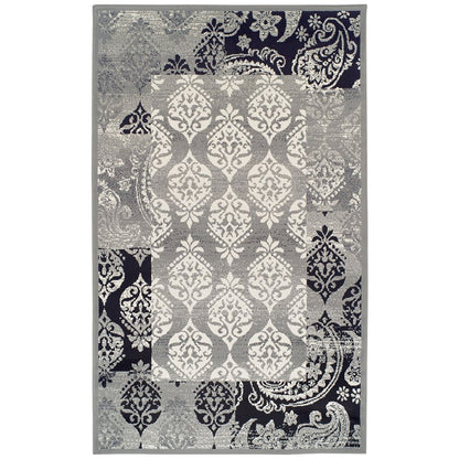4' X 6' Black And Gray Damask Distressed Area Rug
