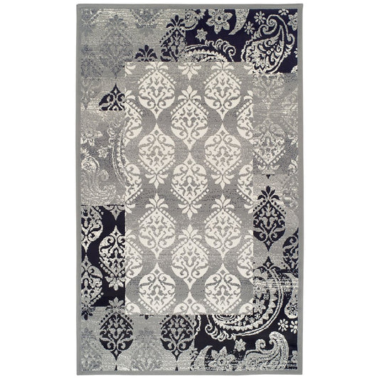 4' X 6' Black And Gray Damask Distressed Area Rug