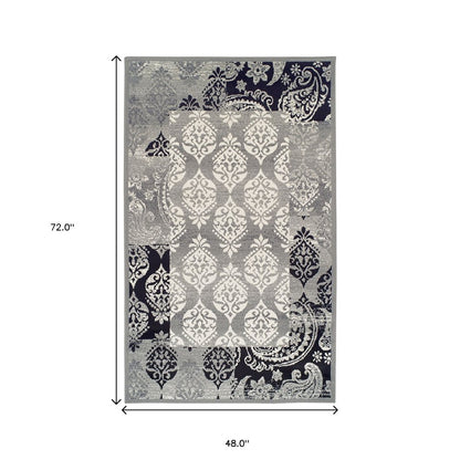 4' X 6' Black And Gray Damask Distressed Area Rug