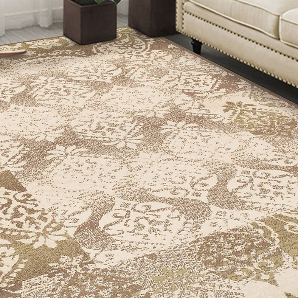 4' X 6' Beige And Brown Damask Distressed Area Rug