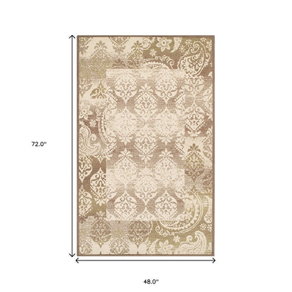 4' X 6' Beige And Brown Damask Distressed Area Rug