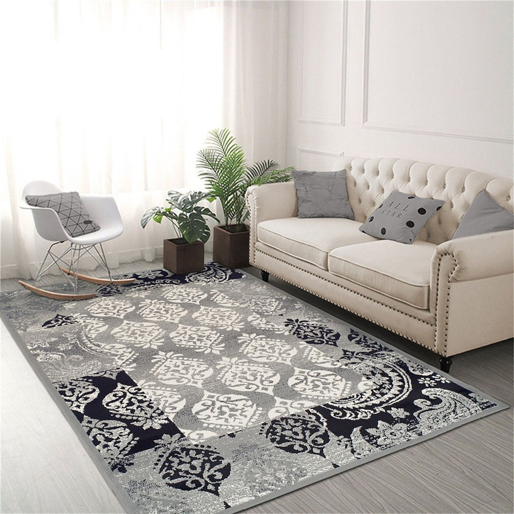 5' X 8' Black And Gray Damask Distressed Area Rug