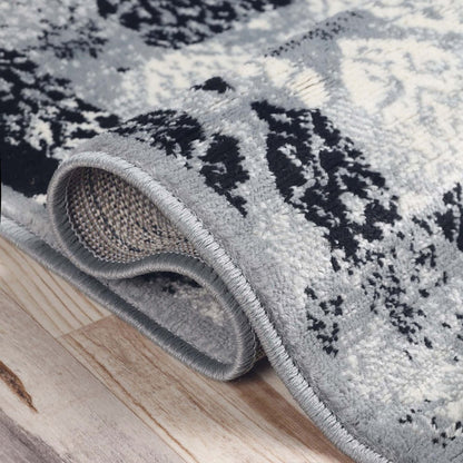 5' X 8' Black And Gray Damask Distressed Area Rug
