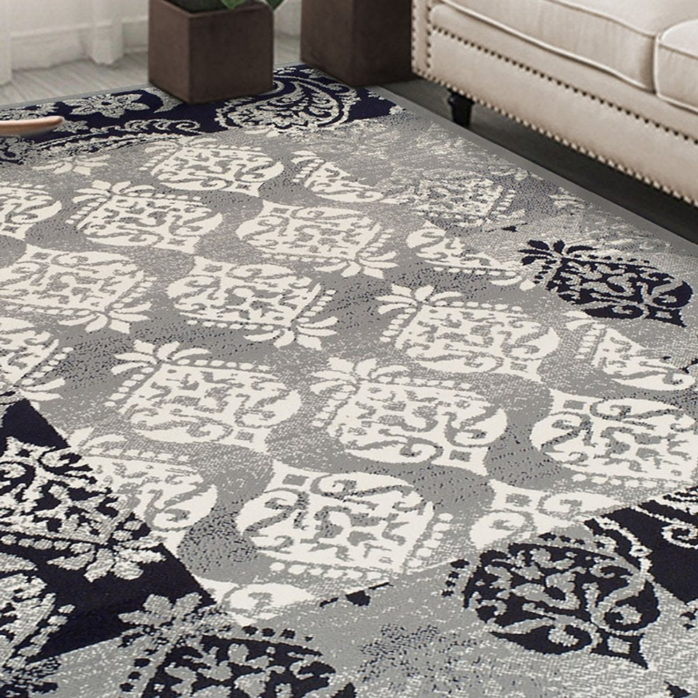 5' X 8' Black And Gray Damask Distressed Area Rug