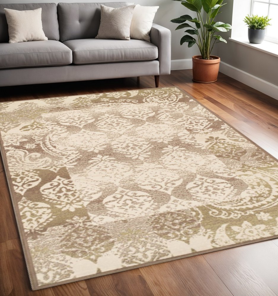 5' X 8' Beige And Brown Damask Distressed Area Rug