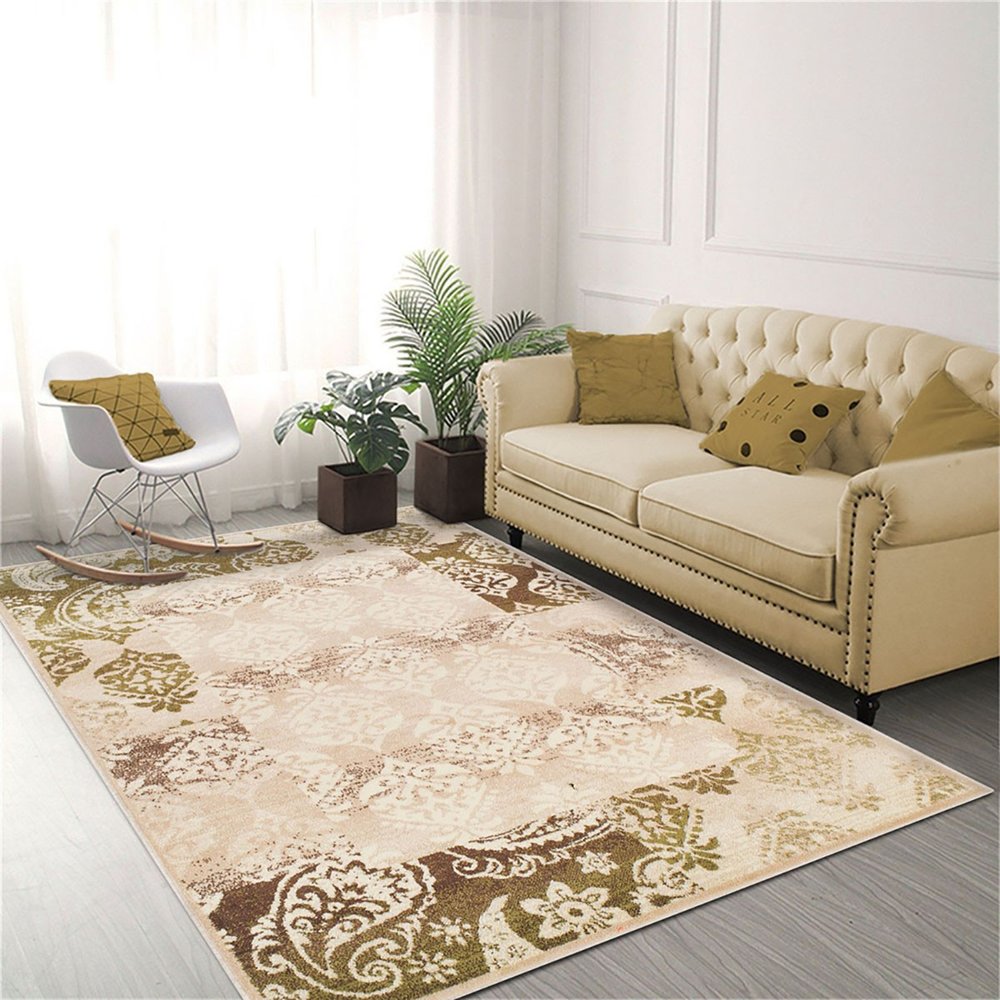 8' X 10' Beige And Brown Damask Distressed Area Rug