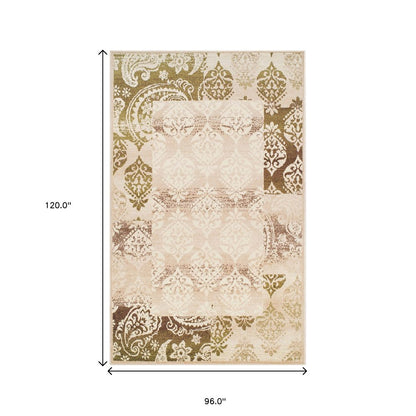 8' X 10' Beige And Brown Damask Distressed Area Rug