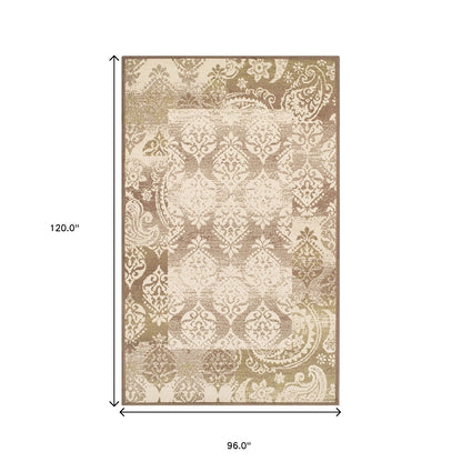 8' X 10' Brown Damask Power Loom Distressed Stain Resistant Area Rug