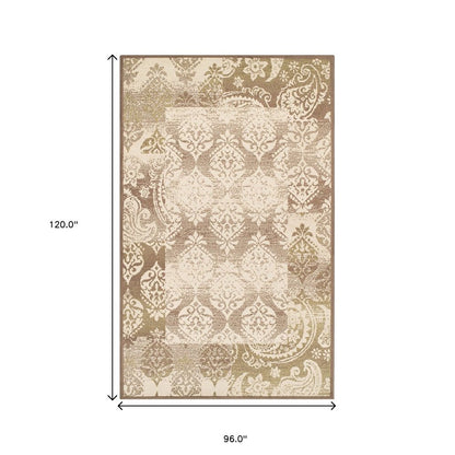 8' X 10' Beige And Brown Damask Distressed Area Rug