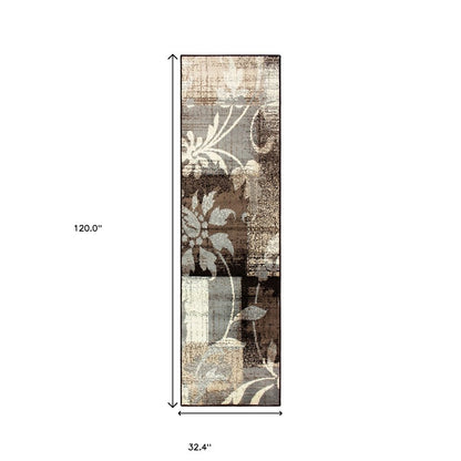10' Beige Brown And Gray Floral Distressed Runner Rug
