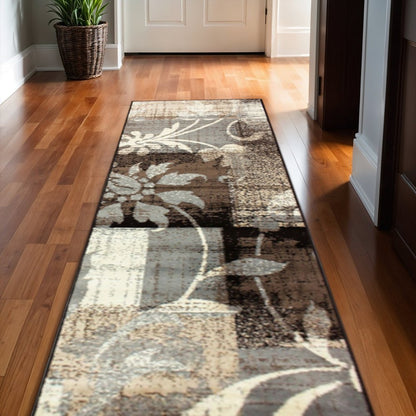 10' Beige Brown And Gray Floral Distressed Runner Rug