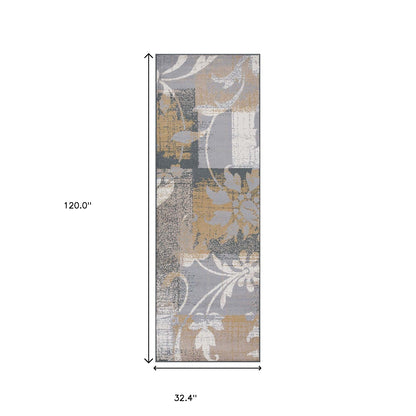 10' Beige And Gray Floral Power Loom Distressed Stain Resistant Runner Rug