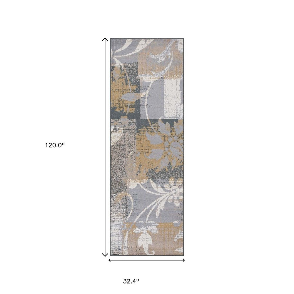10' Beige And Black Floral Distressed Runner Rug