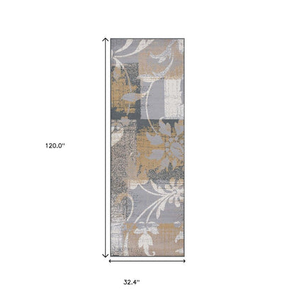10' Beige And Black Floral Distressed Runner Rug