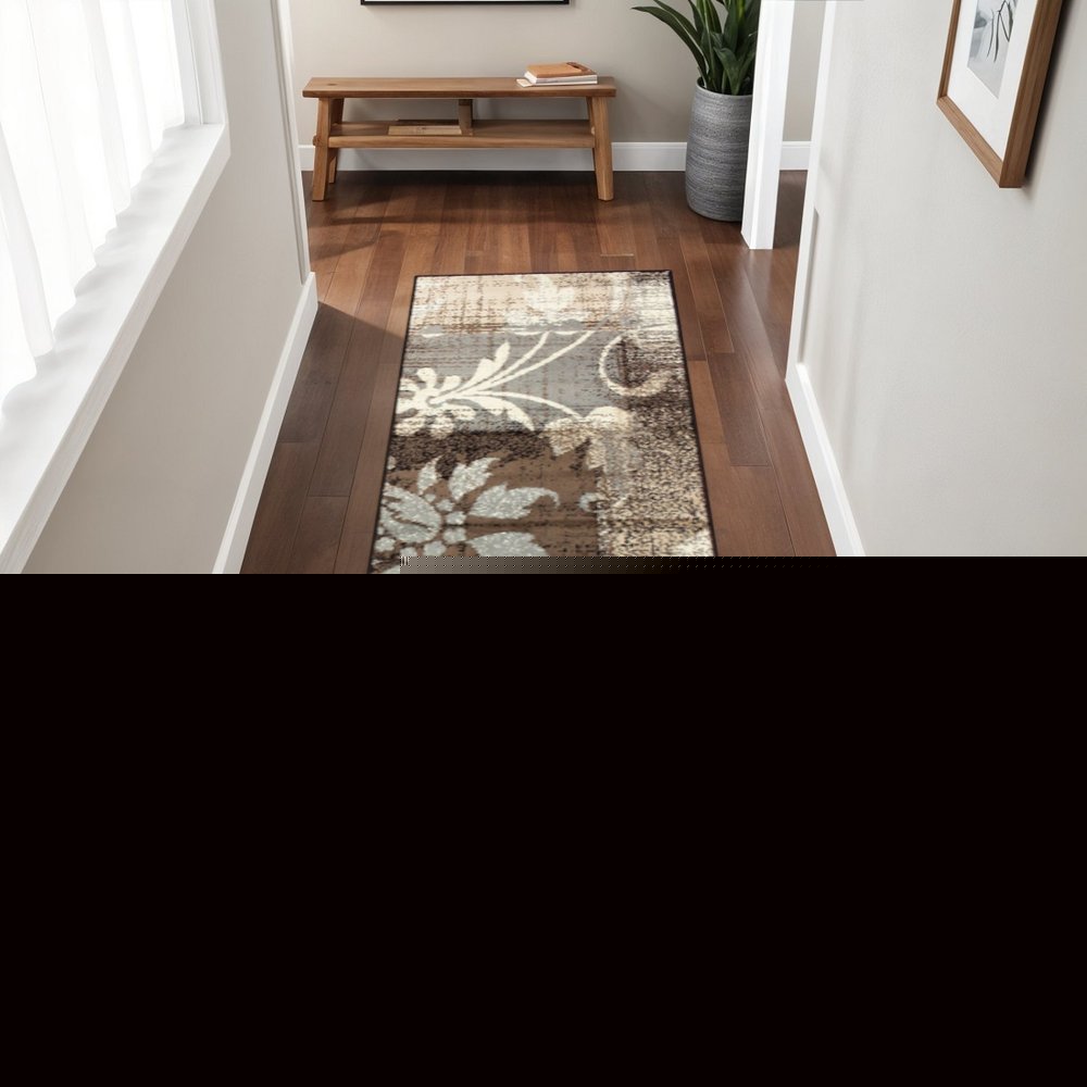 8' Beige Brown And Gray Floral Distressed Runner Rug