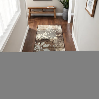 8' Beige Brown And Gray Floral Distressed Runner Rug