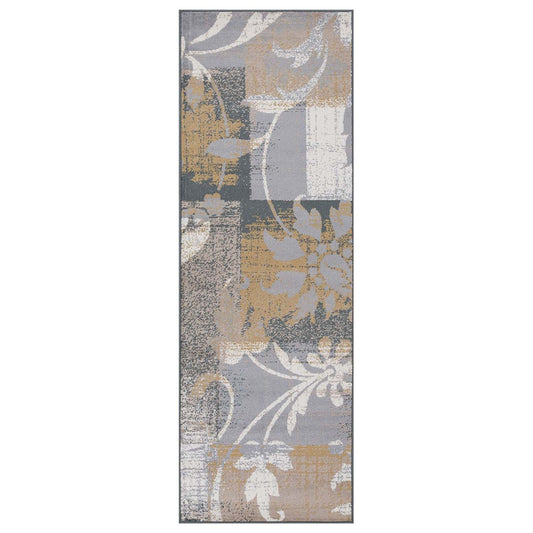 8' Beige And Gray Floral Power Loom Distressed Stain Resistant Runner Rug