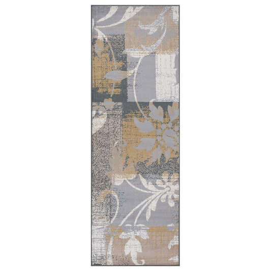 8' Beige And Black Floral Distressed Runner Rug