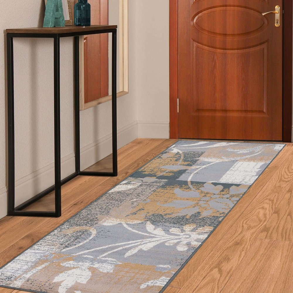 8' Beige And Black Floral Distressed Runner Rug