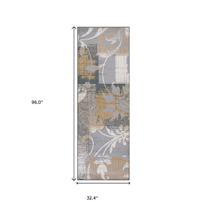 8' Beige And Black Floral Distressed Runner Rug