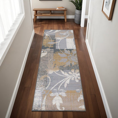8' Beige And Black Floral Distressed Runner Rug