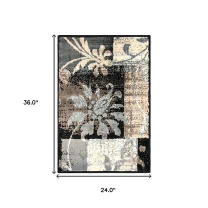 2' X 3' Beige And Gray Floral Power Loom Distressed Stain Resistant Area Rug