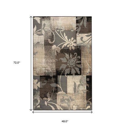 4' X 6' Beige Brown And Gray Floral Distressed Area Rug