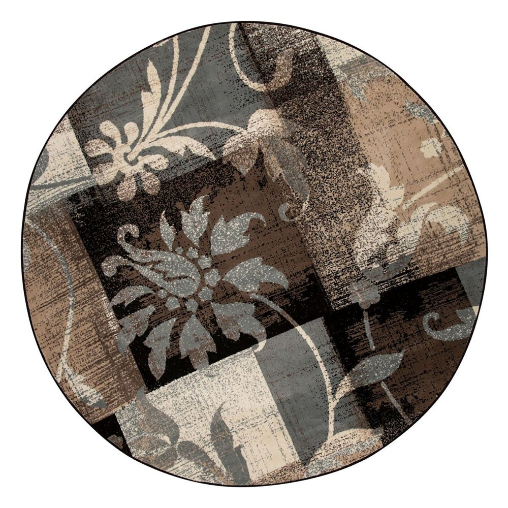 5' Beige Brown And Gray Floral Distressed Round Rug