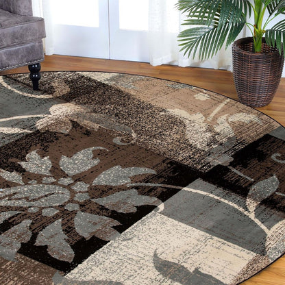 5' Beige Brown And Gray Floral Distressed Round Rug