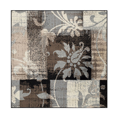 5' Square Beige And Gray Square Floral Power Loom Distressed Stain Resistant Area Rug