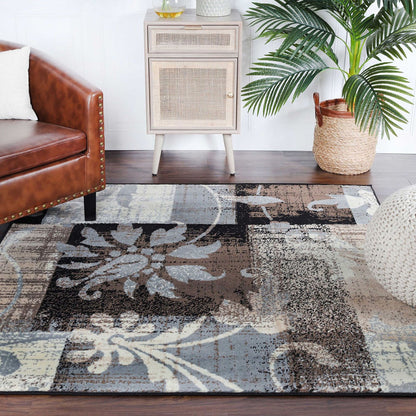 5' Square Beige And Gray Square Floral Power Loom Distressed Stain Resistant Area Rug